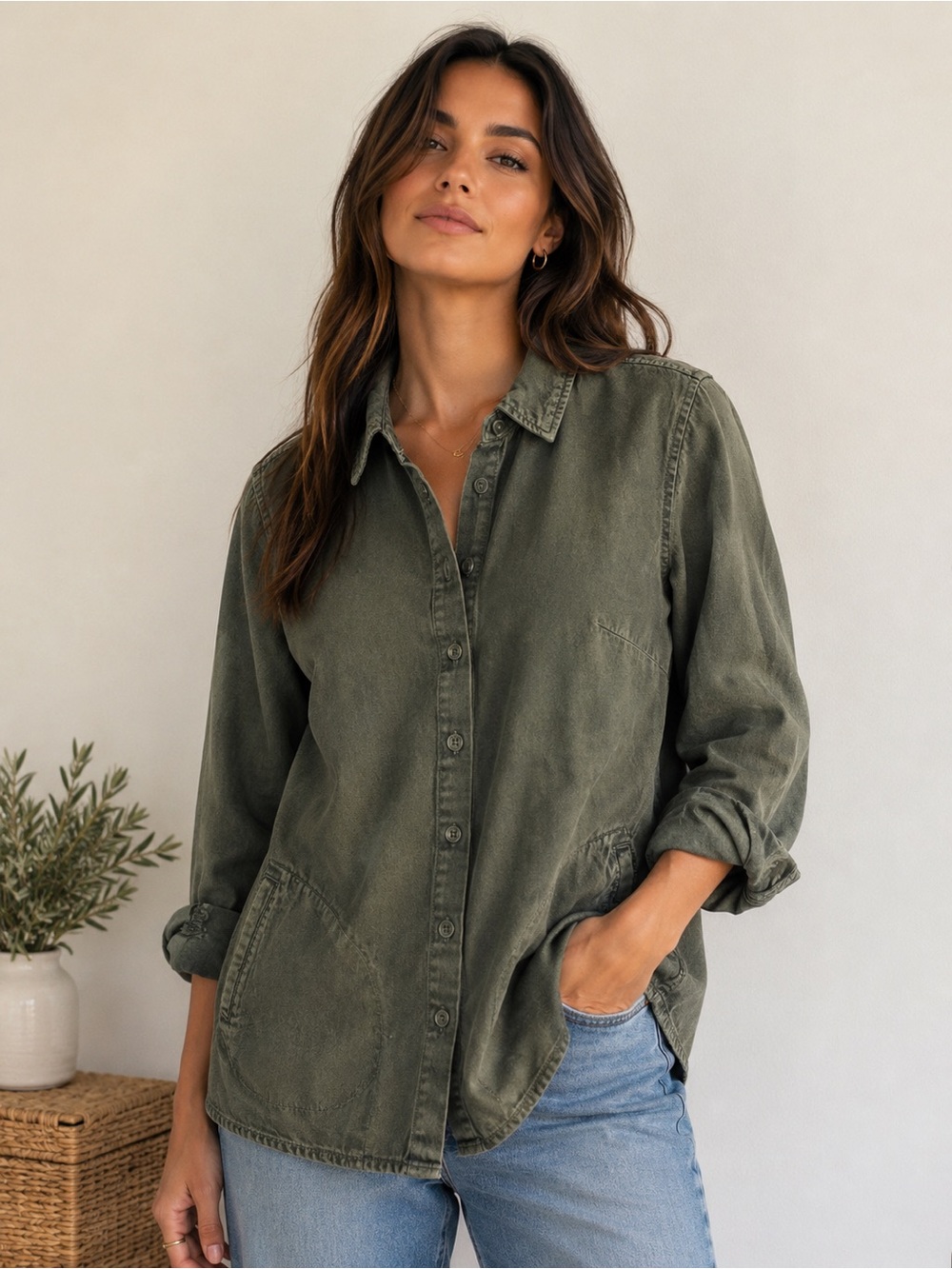 Joan Rivers Olive Green Button-Down Shirt